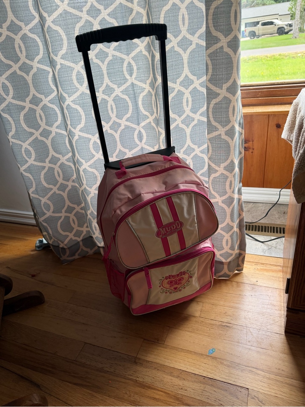 Y2K Mudd Pink and Cream Rolling Backpack with Heart Accent